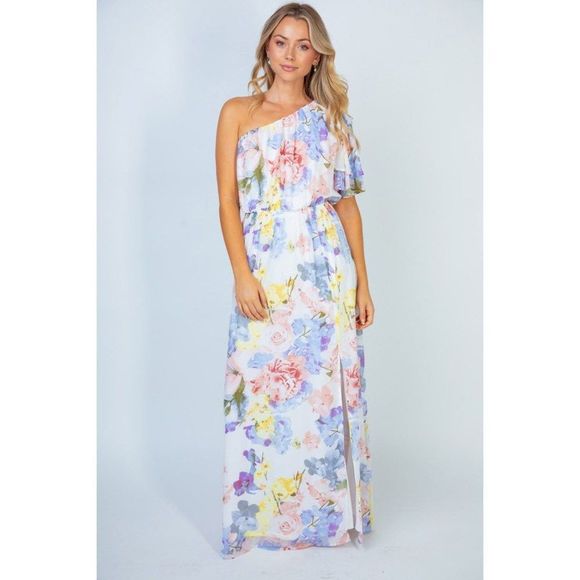 White Birch Dresses & Skirts - White Birch Garden Diva Floral One-Shoulder Maxi Dress
